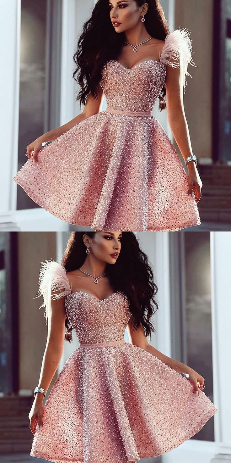 Schatz Rosa Perlen Kurzes Abschlussballkleid mit Federn, Süßeste Schatz Rosa Perlen Kurzes Abschlussballkleid mit Federn, Süßeste