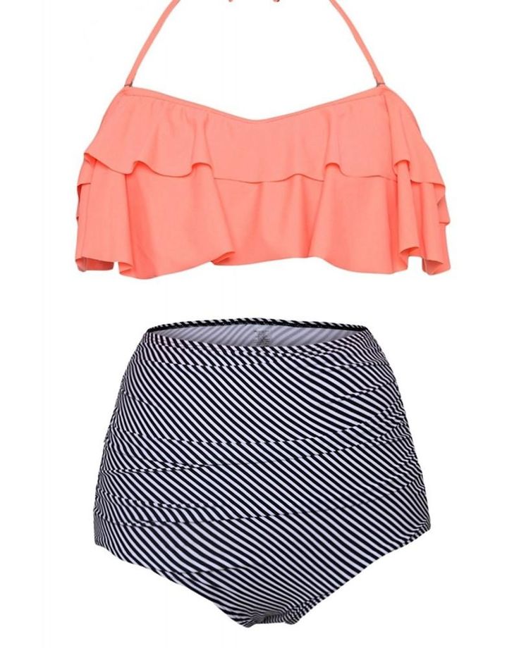 Women's Retro Falbala High Waist Bikini Set Top Bottom Swimsuit Bathing Suits - Orange Strips - CA17