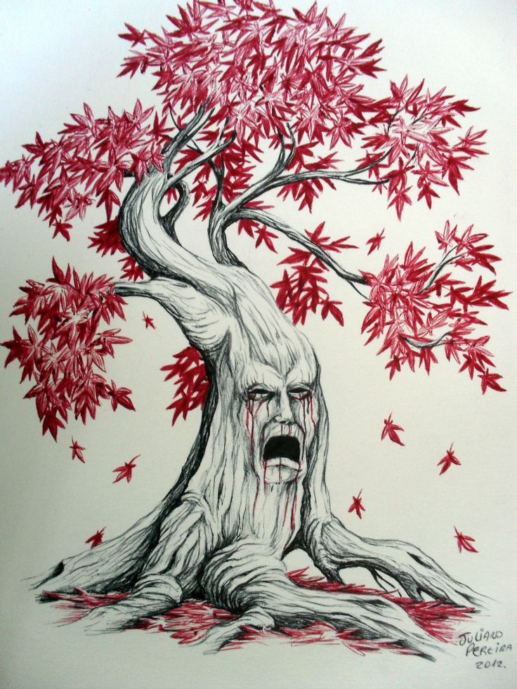 a drawing of a tree with its mouth open and blood dripping from the barks