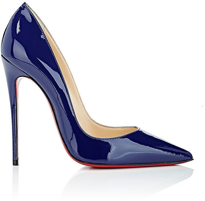 Christian Louboutins So Kate pumps are crafted of blue patent leather. 4.75/120mm heel (approximately). Pointed toe. Patent-leather-covered signature slim stiletto heel. Slips on. Lined with smooth leather. Signature red leather sole. Available in Encre (blue). Made in Italy.;PATENT LEATHER Stilettos, Heels, Boots, So Kate, Kitten Heels, Mor, Kleding, Outfit, Moda