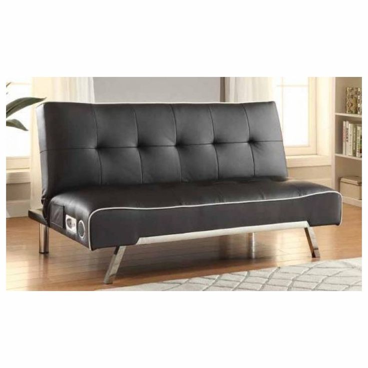 Black Faux Leather And White Piping Trim Futon Sofa Bed With Built In Bluetooth Sound System Faux Leather Sofa, Coaster Fine Furniture Faux Leather Sofa Bed With White Stitching
