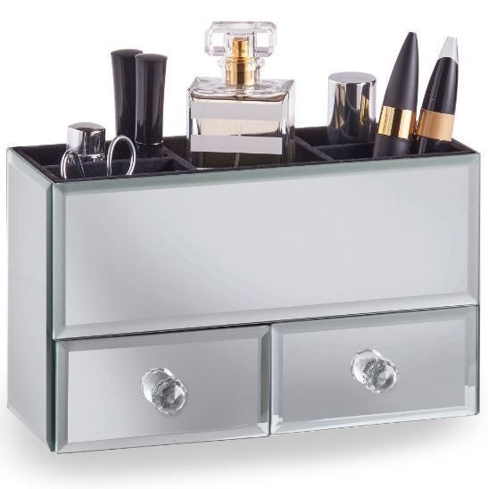 Makeup Storage Organiser Mirrored Drawers Vanity Dressing Table Small Silver New Unbr Glass Jewelry Box Bathroom Organization Makeup Storage Organiser Mirrored, Mirrored Glass Makeup Organiser