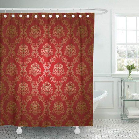 Ksadk Gold Damask Fl Pattern Flowers On Red Brocade Vintage Royal Classy Ornate Shower Curtain Bathroom 66x72 Inch Com In 2021 Curtains Red Damask Curtains Bathroom, Red And Gold Damask Shower Curtain