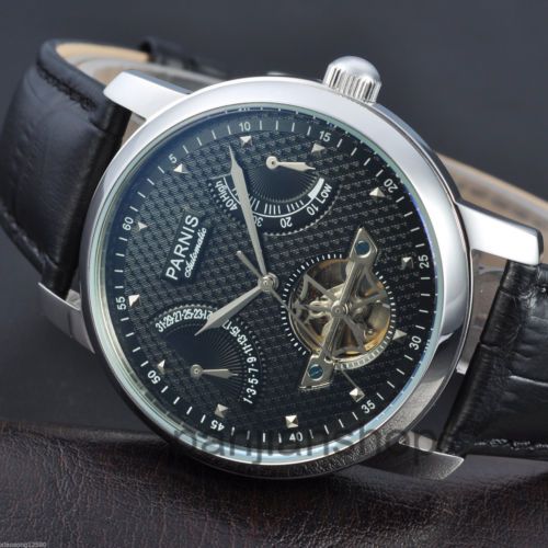 <b>Parnis</b>-43mm-Leather-<b>Black</b>-Dial-Power-Reserve-Automatic-Men ...