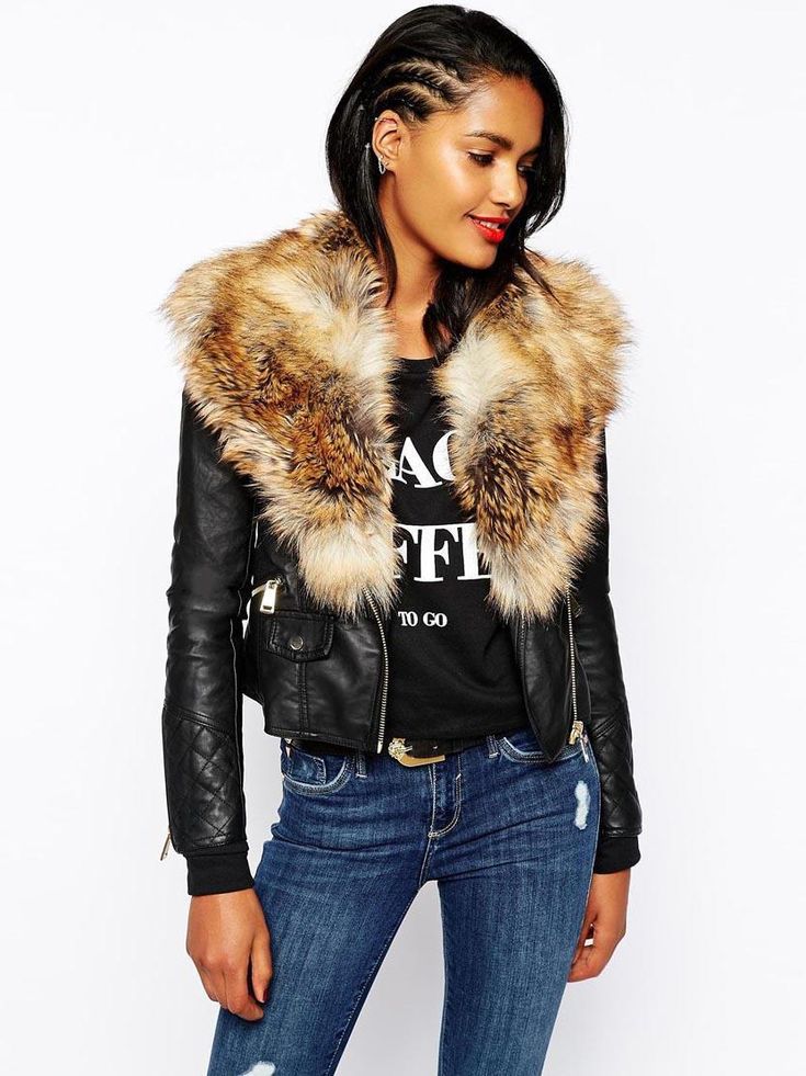 Motorcycle Style Faux Fur Fashion Women Jacket Womens Jackets Collar Faux Fur Fashion Women Jacket, White Fake Fur Coat Short Sleeve Black And