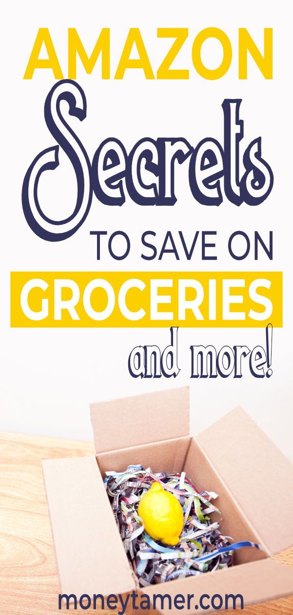 an open box with the words amazon secrets to save on groceries and more in it