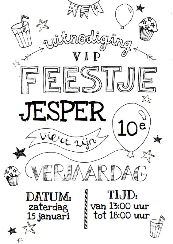 Uitnodiging Verjaardag Zwart Wit Kinderfeestje handlettering zwartwit Verjaardagsfeest uitnodigingen