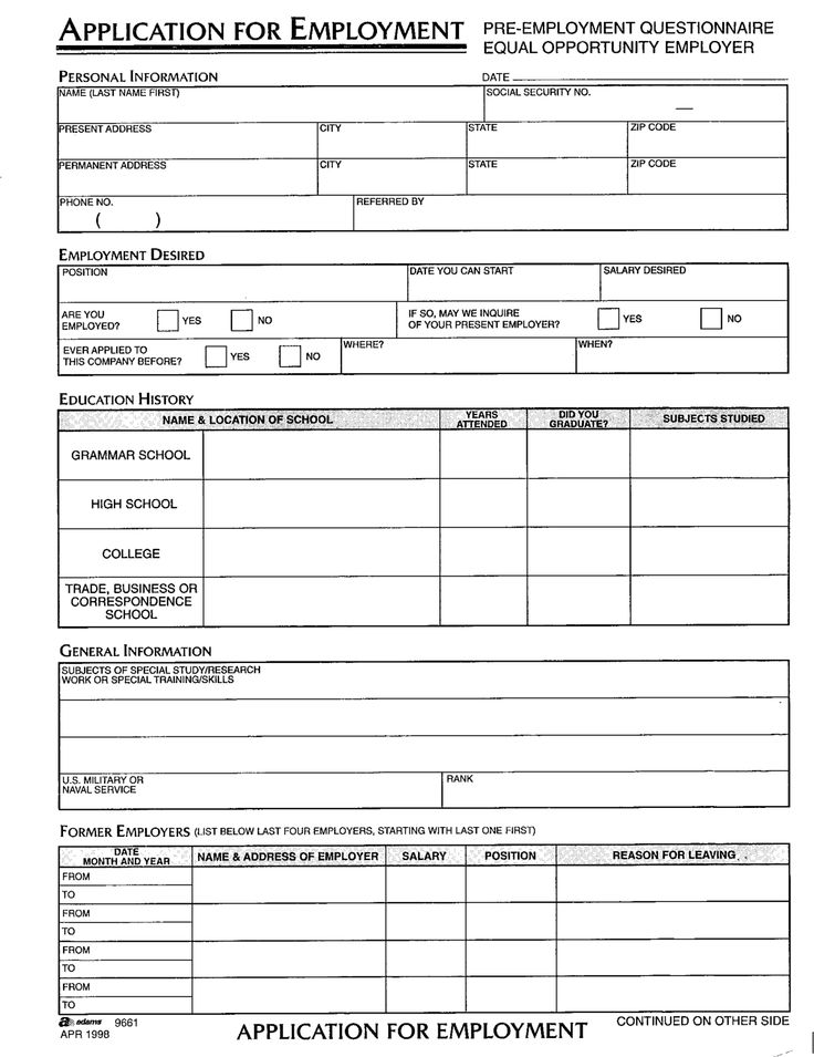 standard employment application form free