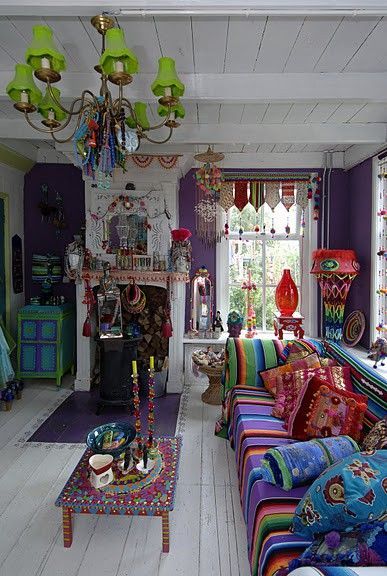 Colorful Bohemian Decor With Clean White Painted Wood Floors Walls And Ceiling Colorful Bohemian Decor With Clean White Painted Wood Floors Walls And Ceiling