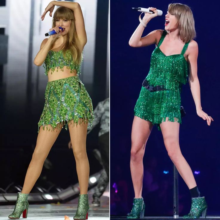 two pictures of taylor swift performing on stage