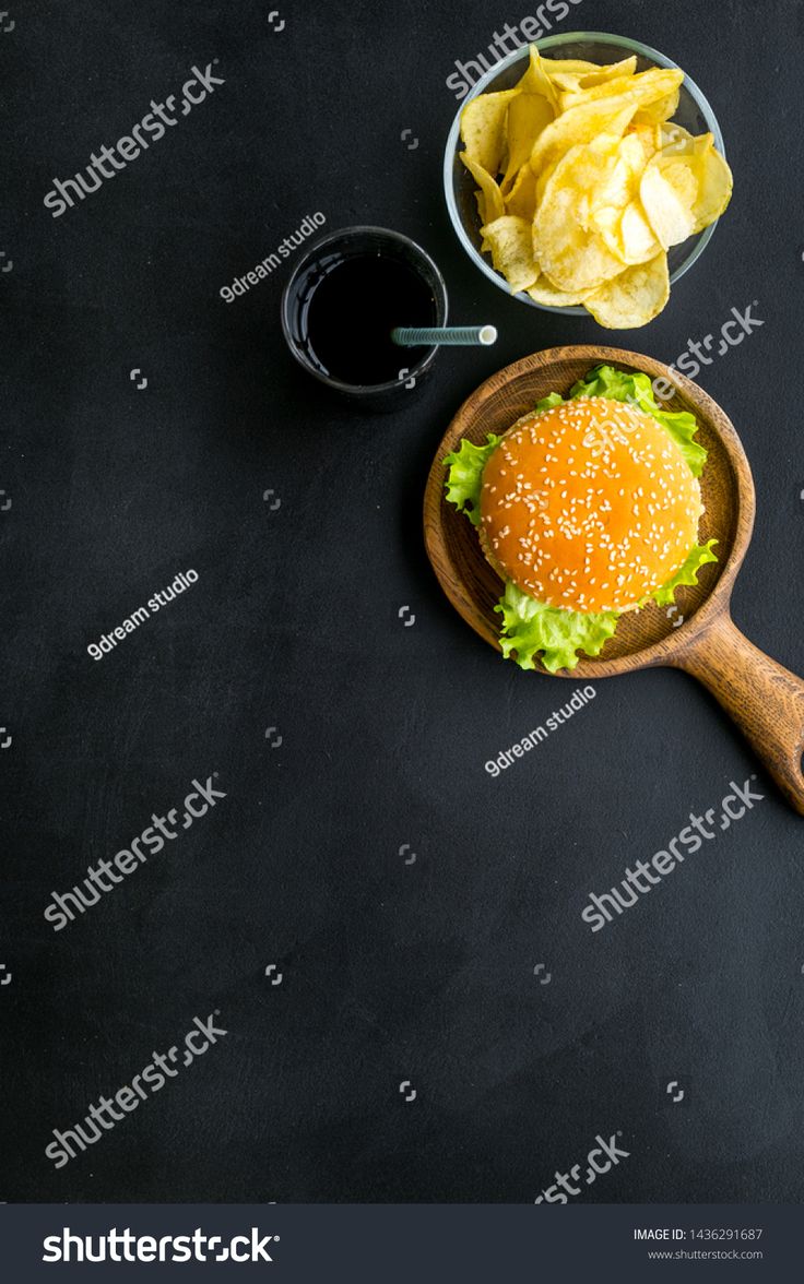 Traditional American Food Concept With Burger On Pan And Drink On Black Background Top View Space For Text Sponsor Food Concept Traditional American Food Food