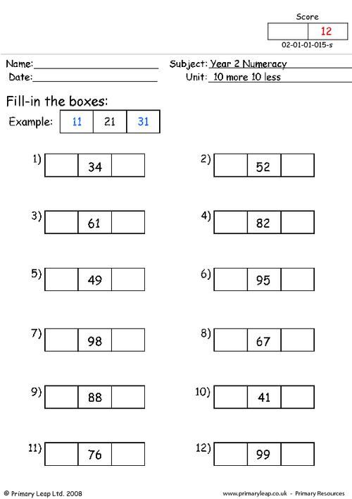 PrimaryLeap.co.uk 10 more 10 less Worksheet Math
