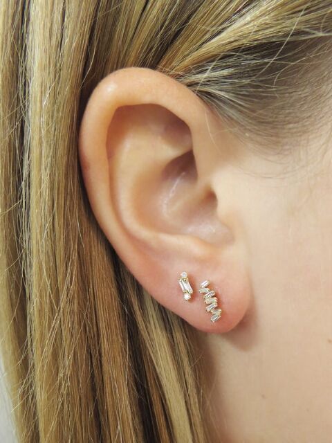 Single Baguette And Round Diamond Stud Earrings Yellow Single Baguette And Round Diamond Stud Earrings Yellow