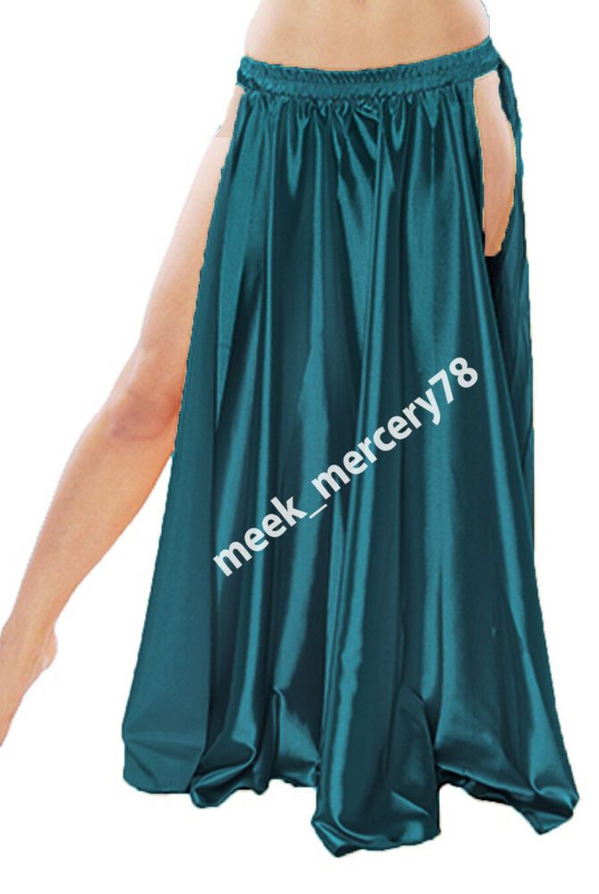 Black Satin Panel Full Circle Skirt Belly Dance Tribal Slit Gypsy Oriental