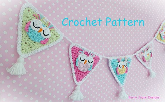 CROCHET APPLIQUE Bunting Garland Owl crochet by KerryJayneDesigns