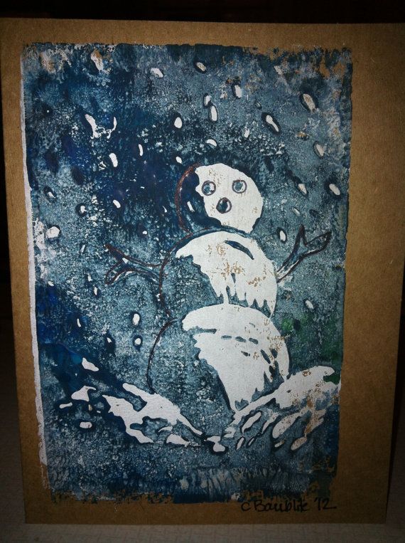 linocut print snowman christmas cards set of