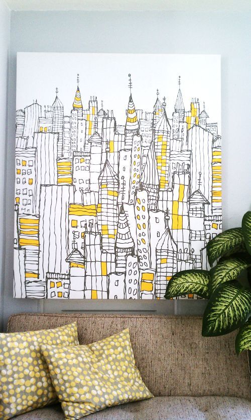 an image of a cityscape with yellow and white colors on the wall above it