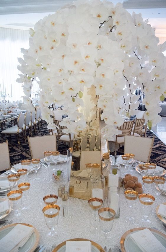 White Orchid Wedding Centerpiece With Gold Table Accents Birch White Orchid Wedding Centerpiece With Gold Table Accents Birch Event Design Trump National D Miami
