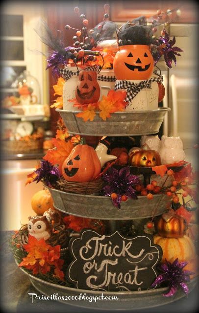 its time for halloween decorations in the galvanized tiered tray a