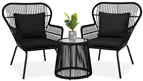 Best Choice S 3 Piece Patio Conversation Bistro Set Outdoor All Weather Wicker Furniture For Porch Backyard W 2 Wide Ergonomic Chairs Cushions Glass Black Top Side Table Patio Conversation Bistro Set, 4 Piece Outdoor Wicker Furniture Sets Singapore