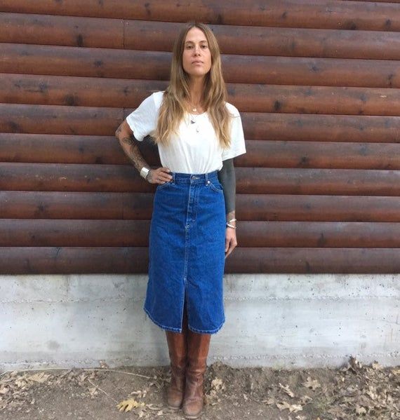 Vintage 1970s Blue and Red Thread Yoked Skirt 1970s Medium Straight Skirt 1970s Skirt for Boots Blue Denim Look Skirt 30W 41H