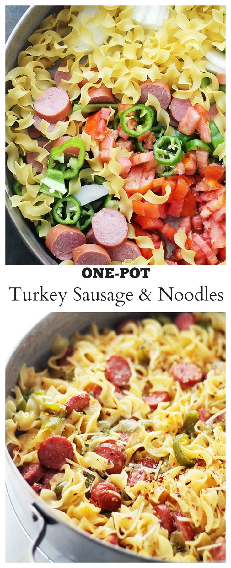 Quick and easy, one-pot dinner with egg noodles, turkey sausage and