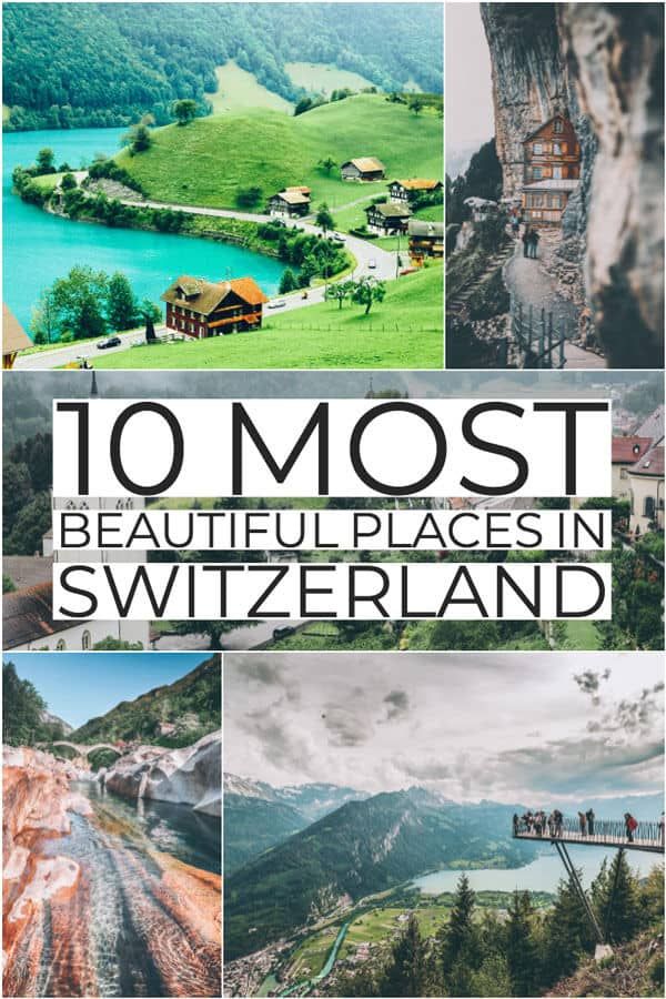 the cover of 10 most beautiful places in switzerland, with pictures of mountains and lakes