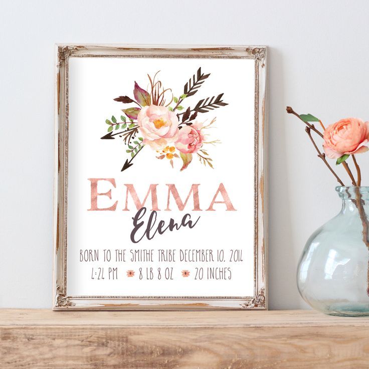 Tribal personalized baby shower gift Feathers nursery wall art Boho baby girl name art printable First name digital download