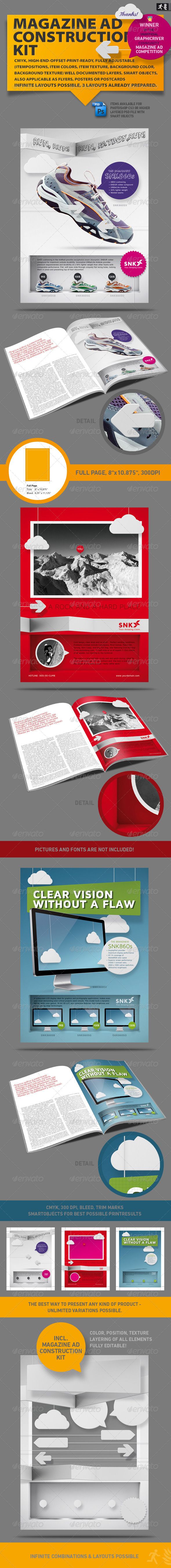 Magazine AD Construction Set by doa This Package contains : 3 Magazine AD PSD-Files1 MAGAZINE AD CONSTRUCTION KIT File (usable with Photoshop CS3 and Higher)Specifica