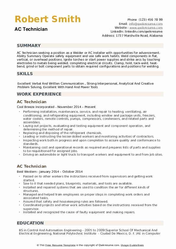 A C Technician Resume Examples Resumeexamples Resumetipsobjective Sample Resume Templates Resume Examples Sample Resume