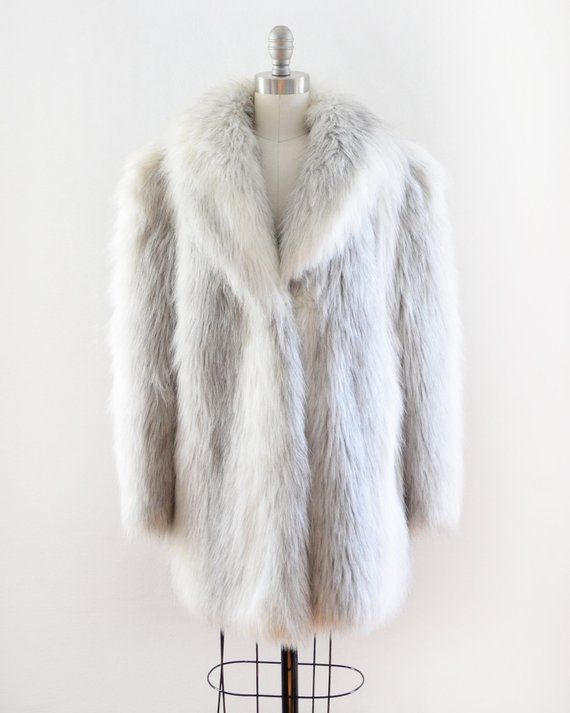 Vintage Faux Fur Coat 70s White Gray Fake Vintage Faux Fur Coat 70s White, Fluffy Faux Fur Coat Grey And White