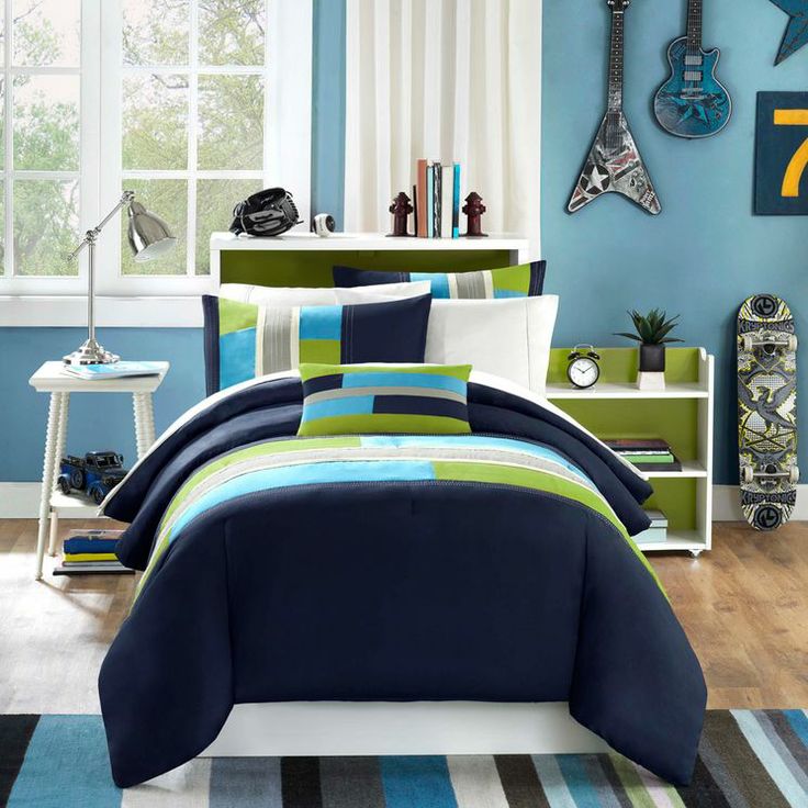 Sweet Jojo Designs 4-Piece Navy Blue Lime Green and White Stripe Teen Boys Twin Bedding Set Collection Sweet Jojo Designs 4-Piece Navy Blue Lime Green and White Stripe Teen Boys Twin Bedding Set Collection