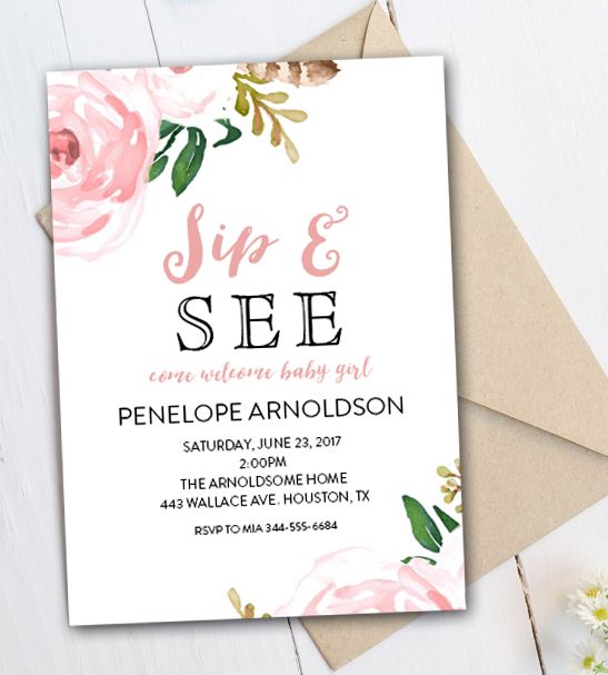 editable sip and see invitation watercolor flowers pdf printable