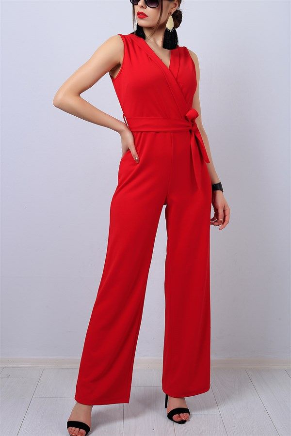 51 95 Tl Kirmizi Kruvaze Yaka Kemerli Bayan Tulum 13634b Modamizbir Moda Stilleri Tulum Mankenler