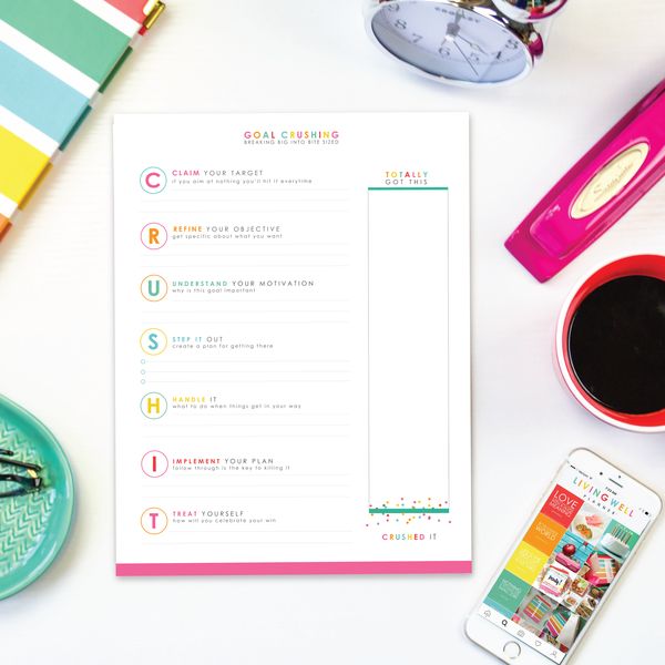 Want to stop setting goals and start CRUSHING them instead? Our exclusive CRUSH IT™ formula was created to do just that! Designed to help you break down your biggest goals into a step-by-step action plan, this one-page motivator is also found in every monthly section of the Living Well Planner™. Hang it on your fridge or mirror as a daily reminder of your biggest goal, or add it to your own customized printable Living Well Planner. Please note that this product is sold as a digital downloa...