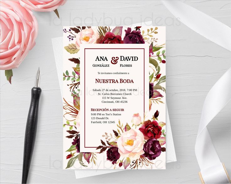 Invitacion Boda Para Editar/imprimir Color Tinto. Invitaciones De Boda
