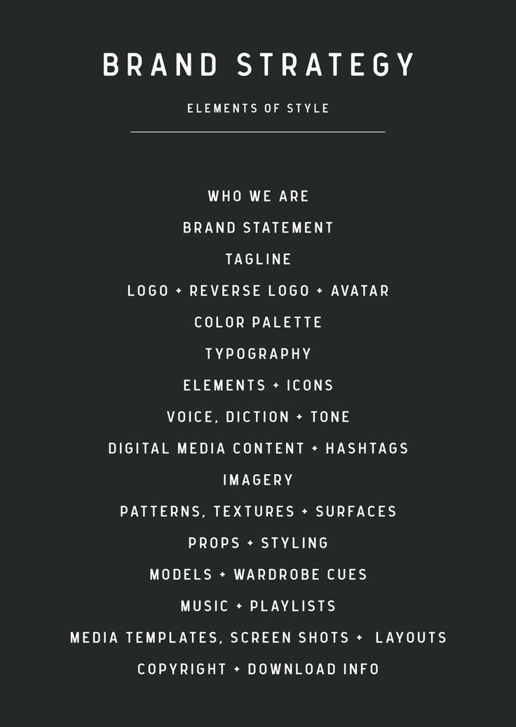 Your brand strategy, elements of style. Parts of your brand that are a must-remember when considering what reflects you and your brand to your target customer.