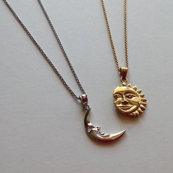 Sonne & Mond 2 Halskette Set in Sterling Silber (14K Gelbgold vergoldet Sonne und Rhodium vergoldet Mond) Freundschaft Halskette, Sonne und Mond Schmuck