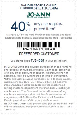 Customers can get 40 percent off any one regular-priced item at Jo-Ann Fabrics with coupon in ...
