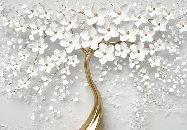 Papiertapete Goldener Baum Mit Blutten In Verschiedenen Grossen