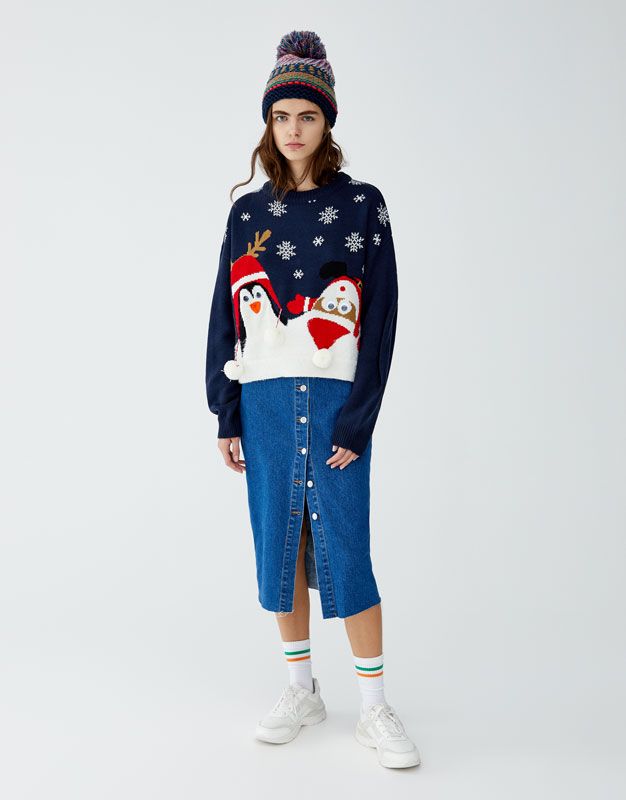 Noel Baba Ve Penguen Tasarimli Yilbasi Temali Kazak Pull Bear Fashion Varsity Jacket Shopping
