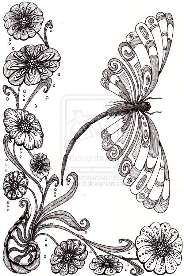 Beautiful And Original Whimsical Abstract Psychedelic Stylised Ink Drawing Illustration Dragonfly Flower Shell Patterns Art Designs Ideas