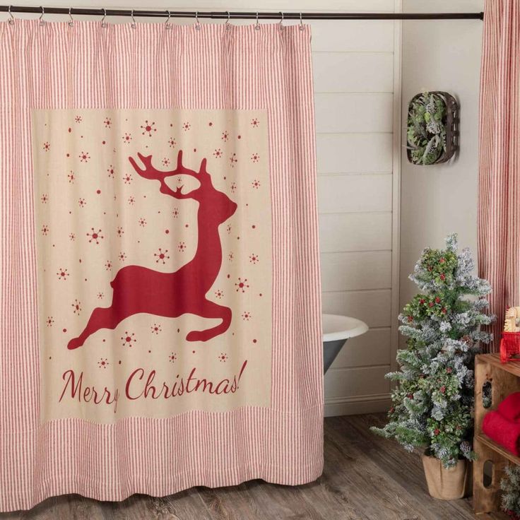 Homespun Red Ticking Reindeer Shower Curtain Piper