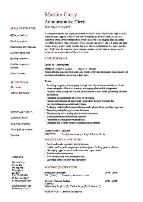 Administrative clerk resume, clerical, sample, template, job description, clerical duties, expertise