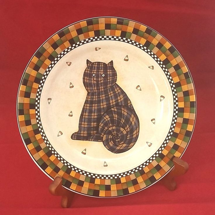 halloween checkered cat candy corn sakura debbie mumm 1998 ceramic 8 plate - Halloween Plates Ceramic halloween checkered cat candy corn sakura debbie mumm 1998 ceramic 8 plate - Halloween Plates Ceramic