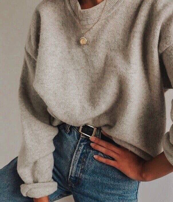 Jeans, belt, beige sweater, simple necklace, casual fall and winter outfit, scho...