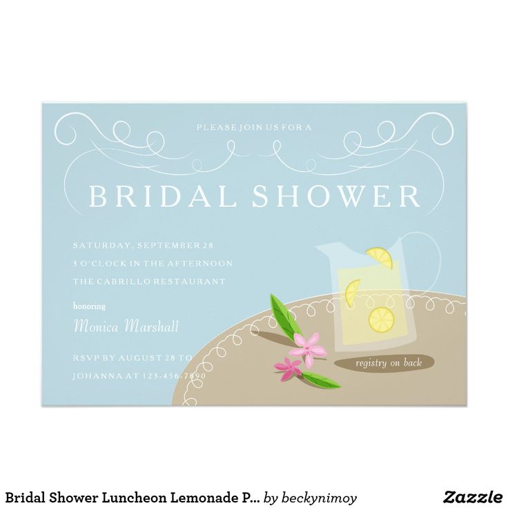 Bridal Shower Luncheon Lemonade Pitcher Invitation Lemonade pitcher and plumeria flowers on an outdoor garden table; soft pastels with a spring or summer feel for this bridal shower invitation; great for bridal shower teas, luncheons or any spring get together. The backer color (pink) is customizable. Fun wedding invites. Customize invitations for your weddings. #invitations #invites #weddings #bridal