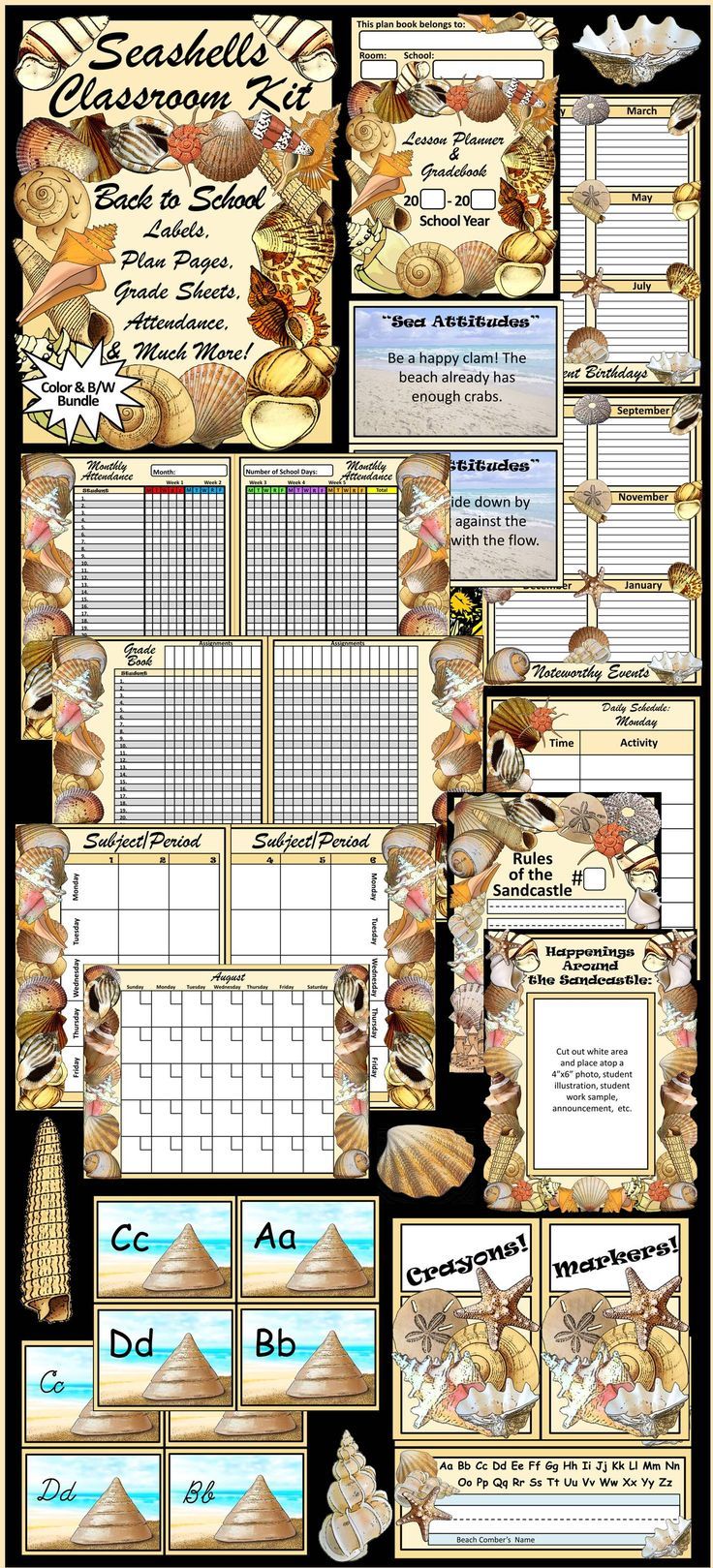 Beach Theme Classroom Kit and Seashells Lesson Planner: Contains pages and pages of beautiful, classroom management items. Includes nameplates, rules templates, supply labels, super student template, birthday templates, lost tooth template, shipshape shipmate award cards, bulletin board decor set, "sea-attitudes" inspirational cards, word wall heading cards, daily schedule, attendance, grade book, lesson planner, calendar, & student contact information sheets.