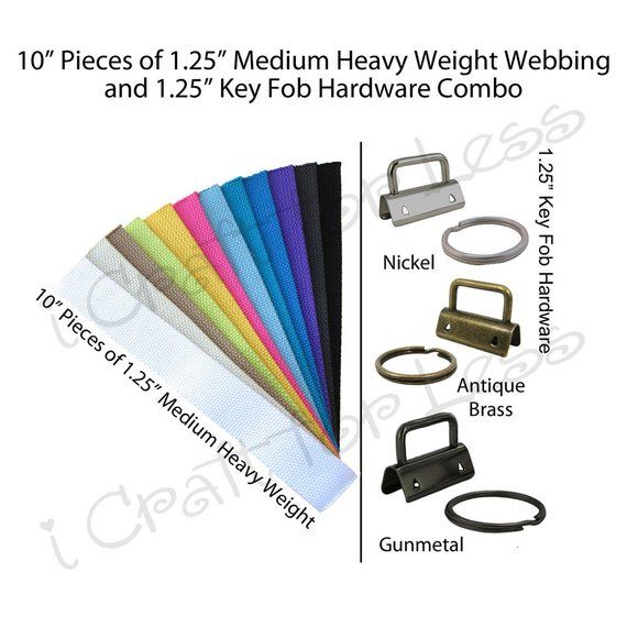 10 Key Fob Hardware and 5 Yards Medium Heavy Weight Cotton Webbing 1.25/" Combo