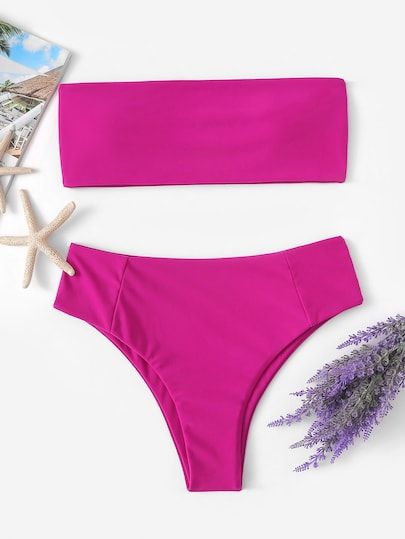 Shop Neon Pink Bandeau With High Cut Bikini Set online. SheIn offers Neon Pink B...